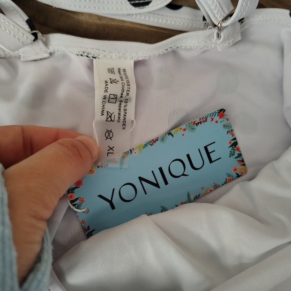 Yonique Women's V-Neck Tankini Top Swimwear Tummy Control-White Polka Dots Sz XL - Picture 9 of 11